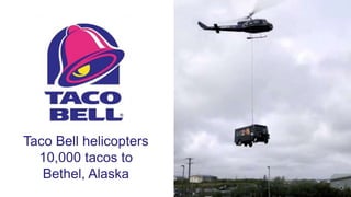 Taco Bell helicopters
10,000 tacos to
Bethel, Alaska

 