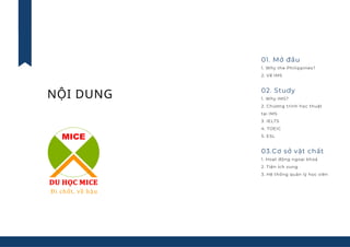 NỘI DUNG
01. Mở đầu
1. Why the Philippines?
2. Về IMS
02. Study
1. Why IMS?
2. Chương trình học thuật
tại IMS
3. IELTS
4. ...