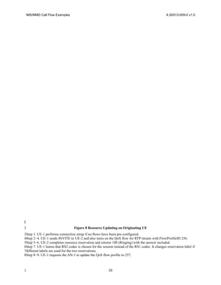 IMS/MMD Call Flow Examples X.S0013-009-0 v1.0
Figure 8 Resource Updating on Originating UE
Step 1. UE-1 performs connection setup if no flows have been pre-configured.
Step 2~4. UE-1 sends INVITE to UE-2 and also turns on the QoS flow for RTP stream with FlowProfileID 256.
Step 5~6. UE-2 completes resource reservation and returns 180 (Ringing) with the answer included.
Step 7. UE-1 learns that RS2 codec is chosen for the session instead of the RS1 codec. It changes reservation label if
different labels are used for the two reservations.
Step 8~9. UE-1 requests the AN-1 to update the QoS flow profile to 257.
33
1
1
2
3
4
5
6
7
8
2
 