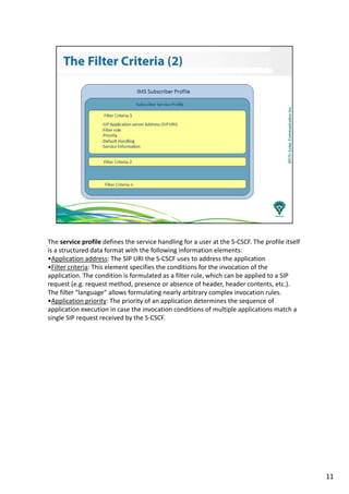 The service profile defines the service handling for a user at the S-CSCF. The profile itself
is a structured data format with the following information elements:
•Application address: The SIP URI the S-CSCF uses to address the application
•Filter criteria: This element specifies the conditions for the invocation of the
application. The condition is formulated as a filter rule, which can be applied to a SIP
request (e.g. request method, presence or absence of header, header contents, etc.).
The filter “language” allows formulating nearly arbitrary complex invocation rules.
•Application priority: The priority of an application determines the sequence of
application execution in case the invocation conditions of multiple applications match a
single SIP request received by the S-CSCF.
11
 