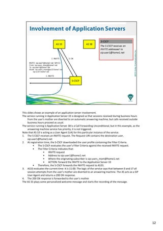 This slides shows an example of an application server involvement.
The service running in Application Server 33 is designed so that sessions received during business hours
from the user's mother are diverted to an automatic answering machine, but calls received outside
business hours proceed as usual.
The service running is Application Server 38 is a Call Forwarding Unconditional, but in this example, as the
answering machine service has priority, it is not triggered.
Note that AS 33 is acting as a User Agent (UA) for this particular instance of the service.
1. The S-CSCF receives an INVITE request. The Request-URI contains the destination user,
sip:user1@home1.net
2. At registration time, the S-CSCF downloaded the user profile containing the Filter Criteria.
• The S-CSCF evaluates the user's Filter Criteria against the received INVITE request.
• The Filter Criteria indicates that:
• INVITE request
• Address to sip:user1@home1.net
• Where the originating subscriber is sip:users_mom@home1.net
• ACTION: forward the INVITE to the Application Server 33
• Therefore, the S-CSCF forwards the INVITE request to AS33.
3. AS33 evaluates the current time: It is 11:00. The logic of the service says that between 9 and 17 all
session attempts from the user's mother are diverted to an answering machine. The AS acts as a SIP
User Agent and returns a 200 OK response.
4. The 200 OK response is forwarded to the user's mother
The AS 33 plays some personalized welcome message and starts the recording of the message.
12
 