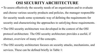 OSI SECURITY ARCHITECTURE
• To assess effectively the security needs of an organization and to evaluate
and choose various security products and policies, the manager responsible
for security needs some systematic way of defining the requirements for
security and characterizing the approaches to satisfying those requirements.
• The OSI security architecture was developed in the context of the OSI
protocol architecture. The OSI security architecture provides a useful, if
abstract, overview of many of the concepts.
• The OSI security architecture focuses on security attacks, mechanisms, and
services. These can be defined briefly in Table 1:
 