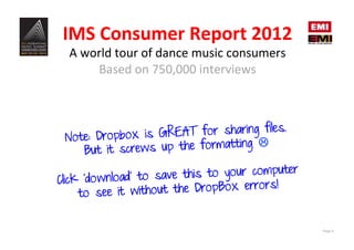 IMS	
  Consumer	
  Report	
  2012	
  
  A	
  world	
  tour	
  of	
  dance	
  music	
  consumers	
  
         Based	
  on	
  750,000	
  interviews	
  
                                 	
  


 Note: Dropbox is GREAT for sharing files.
           screws up the formatting
                                    L
    But it
                                           ter
Click ‘download’ to save this to your compu
     to see it without the DropBox errors!


                                                                Page 0
 