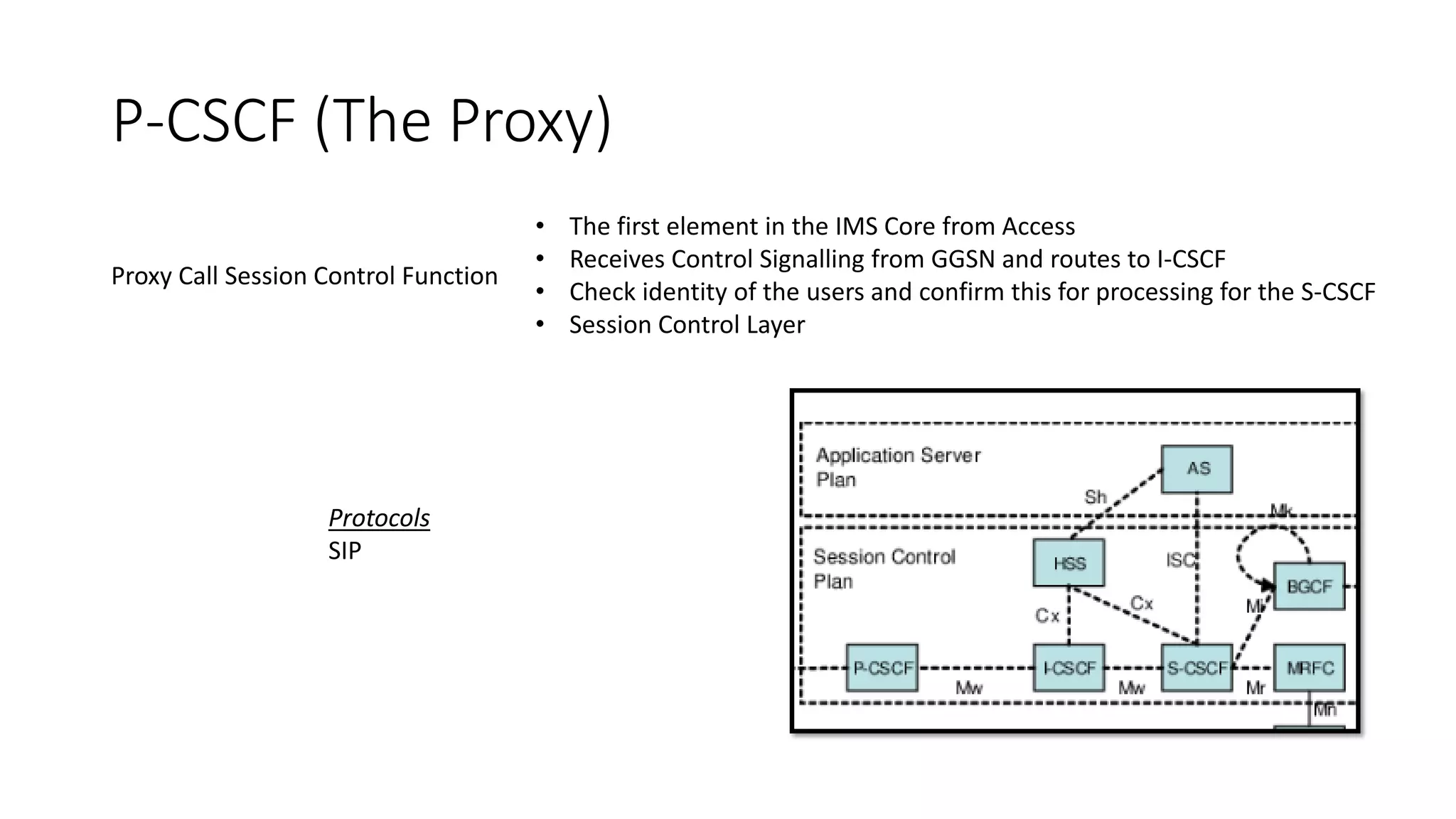P-CSCF (The Proxy)
Proxy Call Session Control Function
• The first element in the IMS Core from Access
• Receives Control Signalling from GGSN and routes to I-CSCF
• Check identity of the users and confirm this for processing for the S-CSCF
• Session Control Layer
Protocols
SIP
 