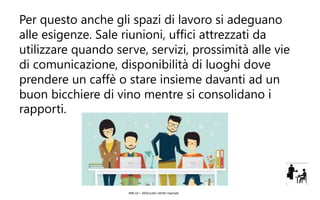 IMS srl – 2016 tutti I diritti riservati
Per questo anche gli spazi di lavoro si adeguano
alle esigenze. Sale riunioni, uffici attrezzati da
utilizzare quando serve, servizi, prossimità alle vie
di comunicazione, disponibilità di luoghi dove
prendere un caffè o stare insieme davanti ad un
buon bicchiere di vino mentre si consolidano i
rapporti.
 