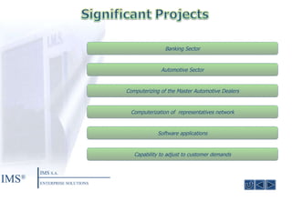 Banking Sector Automotive Sector Computerization of  representatives network Computerizing of the Master Automotive Dealers Software applications Capability to adjust to customer demands IMS ® IMS  S.A. ENTERPRISE SOLUTIONS 