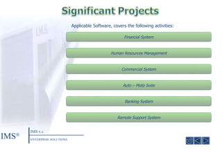 Applicable Software ,  covers the following activities: Financial System Human Resources Management Commercial System Auto – Moto Suite Banking System Remote Support System IMS ® IMS  S.A. ENTERPRISE SOLUTIONS 