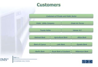 Customers of Private and Public Sector Public  Utility Company Greek Air Forces Toyota Hellas Viamar  Α.Ε. Agricultural Bank National Bank Bank of Cyprus Laiki Bank Millennium Bank Marfin Bank Egnatia Bank Attica Bank Royal Bank of Scotland IMS ® IMS  S.A. ENTERPRISE SOLUTIONS 