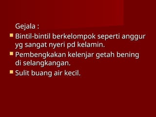 Gejala :
Gejala :
 Bintil-bintil berkelompok seperti anggur
Bintil-bintil berkelompok seperti anggur
yg sangat nyeri pd kelamin.
yg sangat nyeri pd kelamin.
 Pembengkakan kelenjar getah bening
Pembengkakan kelenjar getah bening
di selangkangan.
di selangkangan.
 Sulit buang air kecil.
Sulit buang air kecil.
 