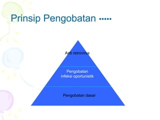 Prinsip Pengobatan •••••
Pengobatan dasar
Pengobatan
infeksi oportunistik
Anti retrovirus
 