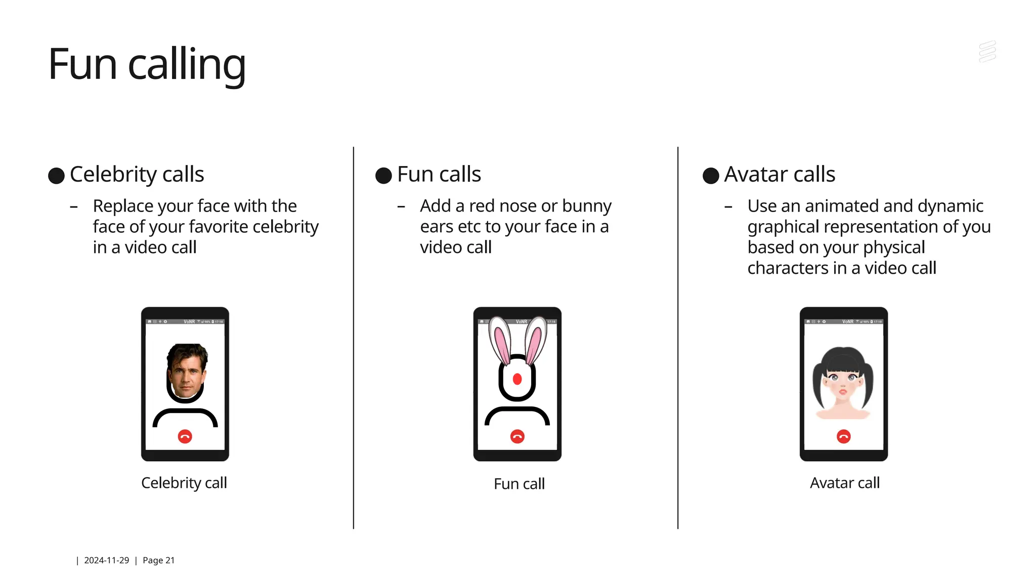 | 2024-11-29 | Page 21
Fun calling
● Celebrity calls
– Replace your face with the
face of your favorite celebrity
in a video call
● Fun calls
– Add a red nose or bunny
ears etc to your face in a
video call
● Avatar calls
– Use an animated and dynamic
graphical representation of you
based on your physical
characters in a video call
Celebrity call Fun call Avatar call
 