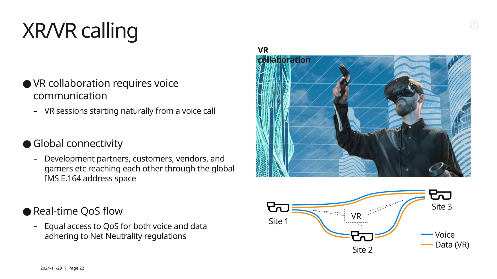 | 2024-11-29 | Page 22
XR/VR calling
● VR collaboration requires voice
communication
– VR sessions starting naturally from a voice call
● Global connectivity
– Development partners, customers, vendors, and
gamers etc reaching each other through the global
IMS E.164 address space
● Real-time QoS flow
– Equal access to QoS for both voice and data
adhering to Net Neutrality regulations
VR
collaboration
Voice
Data (VR)
Site 1
Site 3
Site 2
VR
 