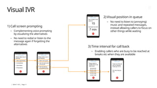 | 2024-11-29 | Page 11
Visual IVR
1) Call screen prompting
– Complementing voice prompting
by visualizing the alternatives
– No need to redial or listen to the
message again if forgetting the
alternatives
3) Time interval for call back
– Enabling callers who are busy to be reached at
breaks etc when they are available
2) Visual position in queue
– No need to listen to (annoying)
music and repeated messages,
instead allowing callers to focus on
other things while waiting
Please select one of
following:
1. New appointment
2. Consultation
3. Vaccination
4. Prescription
Verified by Operator
Please select one of
the following:
1. Wait in the queue
2. Call me back when
it is my turn
3. Call me back at
my preferred time
 Verified by Operator
Please select a
suitable time to be
called back:
09:30-09:45
09:45-10:00
10:00-10:15
10:15-10:30
10:30-10:45
 Verified by Operator
Your number in the
queue is:
15
Estimated time left:
7 min
 Verified by Operator
Thank you! We will
call you between
10:00 and 10:15.
You may hang up
now.
Verified by Operator
 