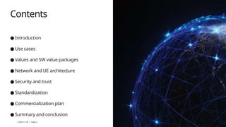| 2024-11-29 | Page 2
Contents
● Introduction
● Use cases
● Values and SW value packages
● Network and UE architecture
● Security and trust
● Standardization
● Commercialization plan
● Summary and conclusion
 