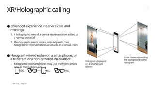 | 2024-11-29 | Page 23
XR/Holographic calling
● Enhanced experience in service calls and
meetings
1. A holographic view of a service representative added to
a normal voice call
2. Meeting participants joining remotely with their
holographic representations at a table in a virtual room
● Hologram viewed either on a smartphone, or
a tethered, or a non-tethered VR headset
– Holograms on smartphones may use the front camera
view as the background
5G 5G 5G
Hologram displayed
on a smartphone
screen
Front camera providing
the background to the
hologram
 