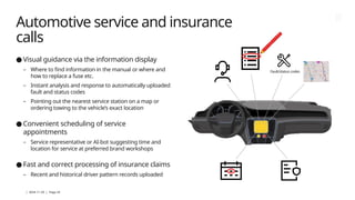 | 2024-11-29 | Page 24
Automotive service and insurance
calls
● Visual guidance via the information display
– Where to find information in the manual or where and
how to replace a fuse etc.
– Instant analysis and response to automatically uploaded
fault and status codes
– Pointing out the nearest service station on a map or
ordering towing to the vehicle’s exact location
● Convenient scheduling of service
appointments
– Service representative or AI-bot suggesting time and
location for service at preferred brand workshops
● Fast and correct processing of insurance claims
– Recent and historical driver pattern records uploaded
Fault/status codes
 