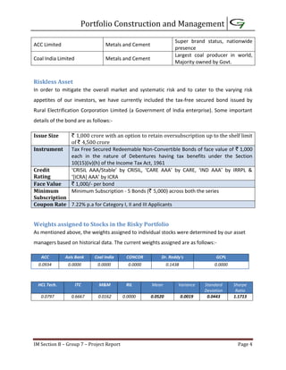 Portfolio Construction and Management
IM Section B – Group 7 – Project Report Page 4
ACC Limited Metals and Cement
Super brand status, nationwide
presence
Coal India Limited Metals and Cement
Largest coal producer in world,
Majority owned by Govt.
Riskless Asset
In order to mitigate the overall market and systematic risk and to cater to the varying risk
appetites of our investors, we have currently included the tax-free secured bond issued by
Rural Electrification Corporation Limited (a Government of India enterprise). Some important
details of the bond are as follows:-
Issue Size ` 1,000 crore with an option to retain oversubscription up to the shelf limit
of ` 4,500 crore
Instrument Tax Free Secured Redeemable Non-Convertible Bonds of face value of ` 1,000
each in the nature of Debentures having tax benefits under the Section
10(15)(iv)(h) of the Income Tax Act, 1961
Credit
Rating
‘CRISIL AAA/Stable’ by CRISIL, ‘CARE AAA’ by CARE, ‘IND AAA’ by IRRPL &
‘*ICRA+ AAA’ by ICRA
Face Value ` 1,000/- per bond
Minimum
Subscription
Minimum Subscription - 5 Bonds (` 5,000) across both the series
Coupon Rate 7.22% p.a for Category I, II and III Applicants
Weights assigned to Stocks in the Risky Portfolio
As mentioned above, the weights assigned to individual stocks were determined by our asset
managers based on historical data. The current weights assigned are as follows:-
ACC Axis Bank Coal India CONCOR Dr. Reddy's GCPL
0.0934 0.0000 0.0000 0.0000 0.1438 0.0000
HCL Tech. ITC M&M RIL Mean Variance Standard
Deviation
Sharpe
Ratio
0.0797 0.6667 0.0162 0.0000 0.0520 0.0019 0.0443 1.1713
 