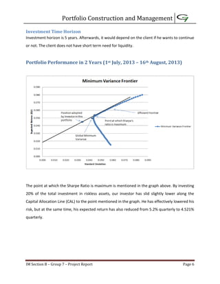 Portfolio Construction and Management
IM Section B – Group 7 – Project Report Page 6
Investment Time Horizon
Investment horizon is 5 years. Afterwards, it would depend on the client if he wants to continue
or not. The client does not have short term need for liquidity.
Portfolio Performance in 2 Years (1st July, 2013 – 16th August, 2013)
The point at which the Sharpe Ratio is maximum is mentioned in the graph above. By investing
20% of the total investment in riskless assets, our investor has slid slightly lower along the
Capital Allocation Line (CAL) to the point mentioned in the graph. He has effectively lowered his
risk, but at the same time, his expected return has also reduced from 5.2% quarterly to 4.521%
quarterly.
 