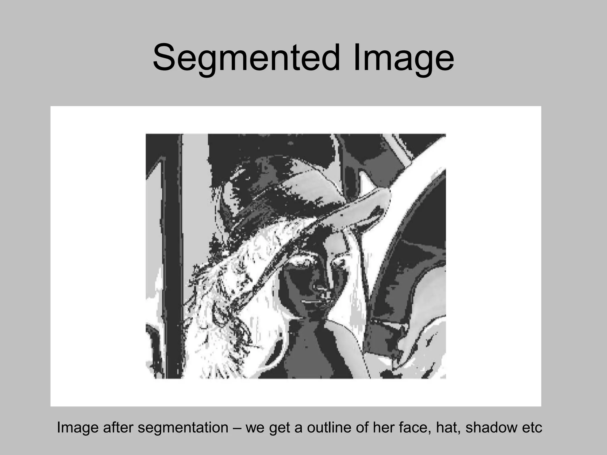 Segmented Image
Image after segmentation – we get a outline of her face, hat, shadow etc
 