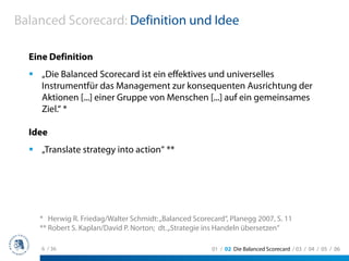 Balanced Scorecard: Definition und Idee

  Eine Definition
     „Die Balanced Scorecard ist ein effektives und universelles
     Instrumentfür das Management zur konsequenten Ausrichtung der
     Aktionen [...] einer Gruppe von Menschen [...] auf ein gemeinsames
     Ziel.“ *

  Idee
     „Translate strategy into action“ **




    * Herwig R. Friedag/Walter Schmidt: „Balanced Scorecard“, Planegg 2007, S. 11
    ** Robert S. Kaplan/David P. Norton; dt. „Strategie ins Handeln übersetzen“

     6 / 36                                             01 / 02 Die Balanced Scorecard / 03 / 04 / 05 / 06
 