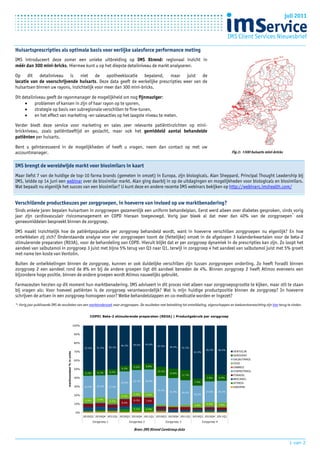 juli 2011


                                                                                                                                                                                            IMS Client Services Nieuwsbrief

Huisartsprescripties als optimale basis voor eerlijke salesforce performance meting
IMS introduceert deze zomer een unieke uitbreiding op IMS Xtrend: regionaal inzicht in
méér dan 300 mini-bricks. Hiermee kunt u op het diepste detailniveau de markt analyseren.

Op dit detailniveau is niet de apotheeklocatie bepalend, maar juist de
locatie van de voorschrijvende huisarts. Deze data geeft de werkelijke prescripties weer van de
huisartsen binnen uw rayons, inzichtelijk voor meer dan 300 mini-bricks.

Dit detailniveau geeft de rayonmanager de mogelijkheid om nog fijnmaziger:
     •     problemen of kansen in zijn of haar rayon op te sporen,
     •     strategie op basis van subregionale verschillen te fine-tunen,
     •     en het effect van marketing -en salesacties op het laagste niveau te meten.

Verder biedt deze service voor marketing en sales zeer relevante patiëntinzichten op mini-
brickniveau, zoals patiëntleeftijd en geslacht, maar ook het gemiddeld aantal behandelde
patiënten per huisarts.

Bent u geïnteresseerd in de mogelijkheden of heeft u vragen, neem dan contact op met uw
accountmanager.                                                                                                                                                                              Fig.1: >300 huisarts mini-bricks


IMS brengt de wereldwijde markt voor biosimilars in kaart
Maar liefst 7 van de huidige de top-10 farma brands (gemeten in omzet) in Europa, zijn biologicals. Alan Sheppard, Principal Thought Leadership bij
IMS, leidde op 14 juni een webinar over de biosimilar markt. Alan ging daarbij in op de uitdagingen en mogelijkheden voor biologicals en biosimilars.
Wat bepaalt nu eigenlijk het succes van een biosimilar? U kunt deze en andere recente IMS webinars bekijken op http://webinars.imshealth.com/


Verschillende productkeuzes per zorggroepen, in hoeverre van invloed op uw marktbenadering?
Sinds enkele jaren bepalen huisartsen in zorggroepen gezamenlijk een uniform behandelplan. Eerst werd alleen over diabetes gesproken, sinds vorig
jaar zijn cardiovasculair risicomanagement en COPD hieraan toegevoegd. Vorig jaar bleek al dat meer dan 40% van de zorggroepen* ook
geneesmiddelen bespreekt binnen de zorggroep.

IMS maakt inzichtelijk hoe de patiëntpopulatie per zorggroep behandeld wordt, want in hoeverre verschillen zorggroepen nu eigenlijk? En hoe
ontwikkelen zij zich? Onderstaande analyse voor vier zorggroepen toont de (feitelijke) omzet in de afgelopen 3 kalenderkwartalen voor de beta-2
stimulerende preparaten (R03A), voor de behandeling van COPD. Hieruit blijkt dat er per zorggroep dynamiek in de prescripties kan zijn. Zo loopt het
aandeel van salbutamol in zorggroep 3 juist met bijna 5% terug van Q3 naar Q1, terwijl in zorggroep 4 het aandeel van salbutamol juist met 5% groeit
met name ten koste van Ventolin.

Buiten de ontwikkelingen binnen de zorggroep, kunnen er ook duidelijke verschillen zijn tussen zorggroepen onderling. Zo heeft Foradil binnen
zorggroep 2 een aandeel rond de 8% en bij de andere groepen ligt dit aandeel beneden de 4%. Binnen zorggroep 2 heeft Atimos eveneens een
bijzondere hoge positie, binnen de andere groepen wordt Atimos nauwelijks gebruikt.

Farmaceuten herzien op dit moment hun marktbenadering. IMS adviseert in dit proces niet alleen naar zorggroepsgrootte te kijken, maar stil te staan
bij vragen als: Voor hoeveel patiënten is de zorggroep verantwoordelijk? Wat is mijn huidige productpositie binnen de zorggroep? In hoeverre
schrijven de artsen in een zorggroep homogeen voor? Welke behandelstappen en co-medicatie worden er ingezet?
*: Vorig jaar publiceerde IMS de resultaten van een marktonderzoek naar zorggroepen. De resultaten met betrekking tot ontwikkeling, eigenschappen en toekomstverwachting zijn hier terug te vinden.


                                                                        COPD| Beta-2 stimulerende preparaten (R03A) | Productgebruik per zorggroep

                                                             100%


                                                             90%


                                                             80%
                                                                                                  46.2%     44.6%       43.6%
                                                                                                                                47.4%     49.4%
                                                                    52.0%     51.2%       50.2%                                                       51.2%
                                                                                                                                                                        56.2%       56.5%
                                                             70%                                                                                              61.0%                           VENTOLIN
                                   marktaandeel % in units




                                                                                                                                                                                              SEREVENT
                                                             60%                                                                                                                              SALBUTAMOL
                                                                                                                                                                                              OXIS
                                                                                                             6.5%       6.8%                                                                  ONBREZ
                                                             50%                                  6.5%
                                                                                          6.5%                                  10.4%                                                         FORMOTEROL
                                                                     5.7%      6.1%                                                       10.8%
                                                                                                                                                      11.7%                                   FORADIL
                                                             40%                                                                                                         7.9%       6.9%
                                                                                                                                                                                              BRICANYL
                                                                                                            25.7%       26.9%                                 7.9%
                                                                                                  25.8%                                                                                       ATIMOS
                                                             30%    25.5%     25.2%       27.5%                                                                                               AIROMIR
                                                                                                                                33.1%
                                                                                                                                          31.9%       28.4%             23.9%       25.3%
                                                             20%                                             4.4%       4.6%                                  20.2%
                                                                                                  5.2%

                                                                     5.9%      5.4%                          8.3%
                                                                                          5.2%                          7.6%
                                                                                                  8.6%
                                                             10%                                                                                              4.8%       4.5%       4.8%
                                                                                                             5.1%       4.9%
                                                              0%
                                                                    2010Q3 2010Q4 2011Q1 2010Q3 2010Q4 2011Q1 2010Q3 2010Q4 2011Q1 2010Q3 2010Q4 2011Q1

                                                                            Zorggroep 1                   Zorggroep 2                   Zorggroep 3                   Zorggroep 4


                                                                                                             Bron: IMS Xtrend CareGroup data


                                                                                                                                                                                                                                 1 van 2
 