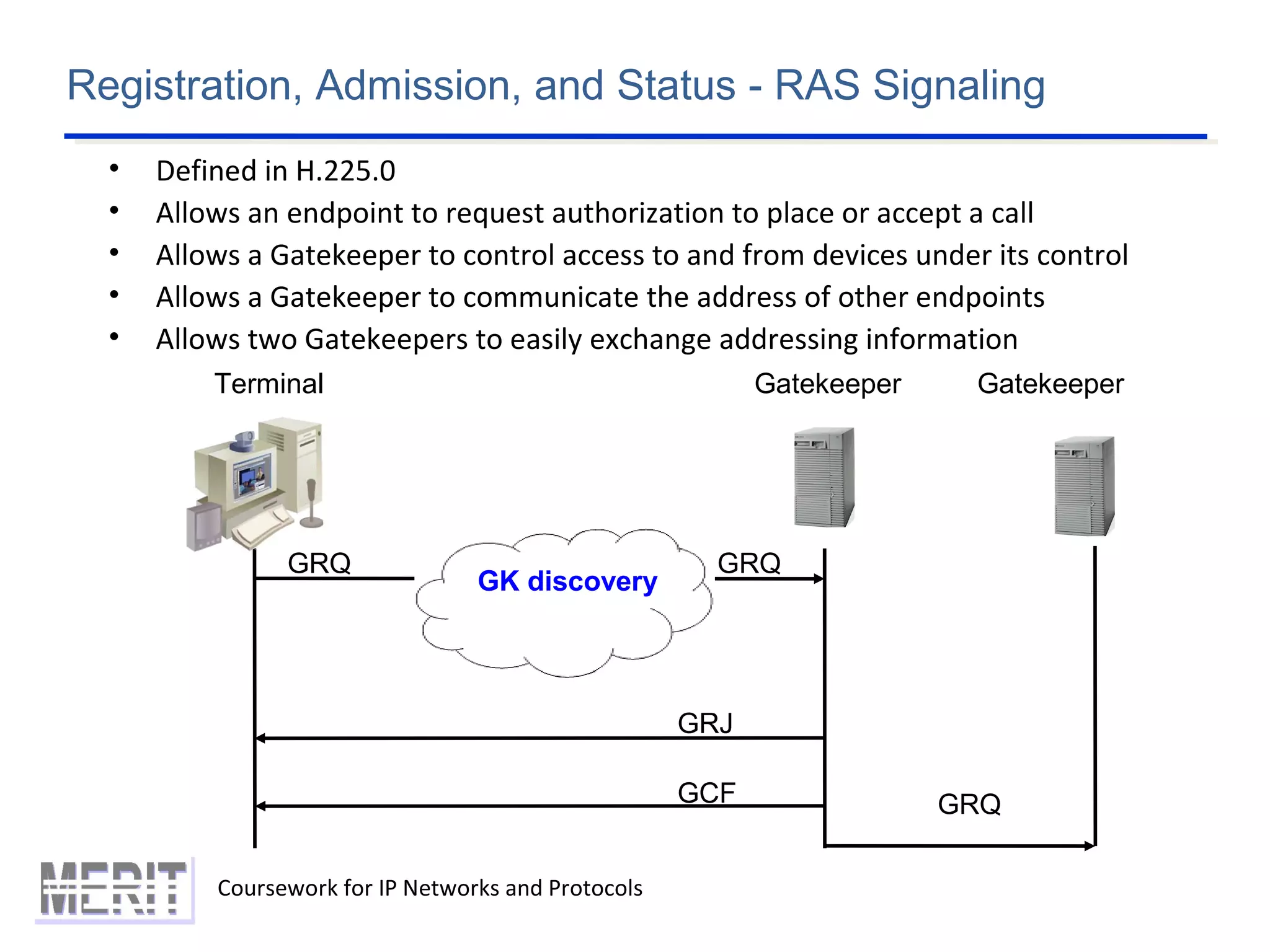 Registration, Admission, and Status - RAS Signaling
Coursework for IP Networks and Protocols
• Defined in H.225.0
• Allows an endpoint to request authorization to place or accept a call
• Allows a Gatekeeper to control access to and from devices under its control
• Allows a Gatekeeper to communicate the address of other endpoints
• Allows two Gatekeepers to easily exchange addressing information
GatekeeperTerminal Gatekeeper
GRQ
GRJ
GCF
GK discovery
GRQ
GRQ
 