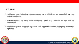 TAGAPAGTAGUYOD NG KASAYSAYAN
LAYUNIN:
1. Nalalaman ang bahaging ginagampanan ng produksiyon sa pag-unlad ng mga
negosyo sa bansa
2. Nakakapagplano ng isang maliit na negosyo gamit ang kaalaman sa mga salik ng
produksiyon
3. Napapahalagahan ang papel ng bawat salik ng produksiyon sa paglago ng ekonomiya
ng bansa
 