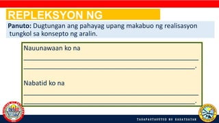 REPLEKSYON NG
KATOTOHANAN
Nauunawaan ko na
________________________________________________
_______________________________________________.
Nabatid ko na
________________________________________________
_______________________________________________.
Panuto: Dugtungan ang pahayag upang makabuo ng realisasyon
tungkol sa konsepto ng aralin.
 