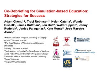 Co-Debriefing for Simulation-based Education:
Strategies for Success
Adam Cheng1,2, Traci Robinson1, Helen Catena1, Wendy
Bissett1, James Huffman1, Jon Duff3, Walter Eppich4, Jenny
Rudolph5, Janice Palaganas5, Kate Morse6, Jose Maestre
Alonso7
1KidSim Simulation Program, University of Calgary
Alberta Children’s Hospital
2The Royal College of Physicians and Surgeons
of Canada
3Stollery Children’s Hospital
4Northwestern University Feinberg School of Medicine,
Ann & Robert H. Lurie Children’s Hospital of Chicago
5Center for Medical Simulation, Harvard University
6Drexel University
7Hospital Virtual Valdecilla
 