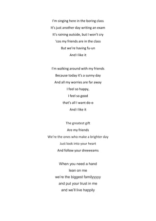I’m singing here in the boring class
It’s just another day writing an exam
It’s raining outside, but I won’t cry
‘cos my f...