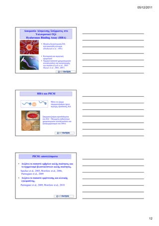 05/12/2011




     Δοκιμασία Δέσμευσης Σπέρματος στο
              Υαλουρονικό Οξύ
      Hyaluronan Binding Assay (HBA)

                       • Μεγάλη Συγκέντρωση HA
                         στα κοκκιώδη κύτταρα
                         (Drahorad et al., 1991)


                       • Κυτταρική και πυρηνική
                         ωριμότητα
                       • Χαμηλό ποσοστό χρωμοσωμικών
                         ανευπλοειδιών και καταστροφής
                         του πυρήνα (Cayli et al., 2003,
                         Huszar et al., 2003, 2007)




                   HBA και PICSI

                                 Μόνο τα ώριμα
                                 σπερματοζωάρια έχουν
                                 περιοχές πρόσδεσης HA.



                         Σπερματοζώάρια προσδεδεμένα
                         στο HA = Μειωμένη πιθανότητα
                         χρωμοσωμικών ανευπλοειδιών και
                         κατακερματισμού του DNA.




              PICSI: αποτελέσματα

• Αυξάνει το ποσοστό εμβρύων καλής ποιότητας και
  το σχηματισμό βλαστοκύστεων καλής ποιότητας.
  Sanchez et al., 2005, Worrilow et al., 2006,
   Parmegiani et al., 2009
• Αυξάνει το ποσοστό εμφύτευσης και κλινικής
  εγκυμοσύνης.
  Parmegiani et al., 2009, Worrilow et al., 2010




                                                                  12
 