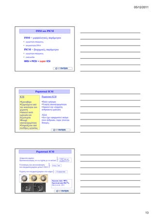 05/12/2011




                  IMSI και PICSI

   IMSI = μορφολογικές παράμετροι
   • ωριμότητα σπέρματος
   • ακεραιότητα DNA

   PICSI = βιοχημικές παράμετροι
   • ωριμότητα σπέρματος
   • ευπλοειδία

   IMSI + PICSI = super ICSI




                  Ρομποτικό ICSI
ICSI                   Ρομποτικό ICSI

•Χρονοβόρο             •Πολύ γρήγορο
•Εξαρτώμενο από        •Υψηλή επαναληψιμότητα
την ικανότητα του      •Απαιτεί την ελάχιστη
χειριστή               ανθρώπινη εμπλοκή
•Απαιτεί πολύ
εμπειρία και           Αλλά
δεξιοτεχνία            •Δεν έχει εφαρμοστεί ακόμα
•Φτωχή                 στον άνθρωπο, τώρα γίνονται
επαναληψιμότητα        δοκιμές.
•Επηρεάζεται από
συνθήκες εργασίας




                  Ρομποτικό ICSI

                                           7200°/sec, με
                                           ακρίβεια 0,24°

                                 6 έως 7 sec


                                      12 ωάρια/min




                                Success rate: 90%
                                Survival rate:90,7%
                                Zhe Lu et al., 2011




                                                                   13
 