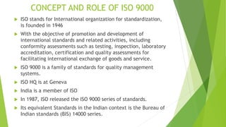 CONCEPT AND ROLE OF ISO 9000
 ISO stands for International organization for standardization,
is founded in 1946
 With the objective of promotion and development of
international standards and related activities, including
conformity assessments such as testing, inspection, laboratory
accreditation, certification and quality assessments for
facilitating international exchange of goods and service.
 ISO 9000 is a family of standards for quality management
systems.
 ISO HQ is at Geneva
 India is a member of ISO
 In 1987, ISO released the ISO 9000 series of standards.
 Its equivalent Standards in the Indian context is the Bureau of
Indian standards (BIS) 14000 series.
 