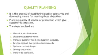 QUALITY PLANNING
 It is the process of establishing quality objectives and
developing means for meeting those objectives.
 Planning quality of service or production which give
customer satisfaction.
 The steps involved are
1. Identification of customer
2. Discovering customer needs
3. Translate customer needs into suppliers language.
4. Develop product that meet customers needs.
5. Optimize product design
6. Develop the process
7. Transfer to operations.
 