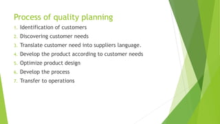 Process of quality planning
1. Identification of customers
2. Discovering customer needs
3. Translate customer need into suppliers language.
4. Develop the product according to customer needs
5. Optimize product design
6. Develop the process
7. Transfer to operations
 