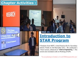 Introduction to
STAR Program
9 Students from MSIT, visited Sunriseville Sr. Secondary
School, Noida on 2nd December 2013 . We conducted a
3 hour session, enhanced on “what is Engineering...” .The
session also included a talk on Working of GPS.
Chapter Activities :
*we are planning to Conduct a 4 week STAR program this year
 