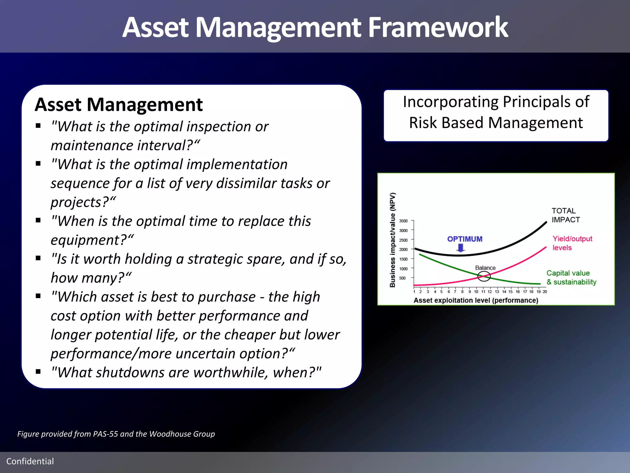 Asset Management Framework

       Asset Management                                       Incorporating Principals of
        "What is the optimal inspection or                    Risk Based Management
         maintenance interval?“
        "What is the optimal implementation
         sequence for a list of very dissimilar tasks or
         projects?“
        "When is the optimal time to replace this
         equipment?“
        "Is it worth holding a strategic spare, and if so,
         how many?“
        "Which asset is best to purchase - the high
         cost option with better performance and
         longer potential life, or the cheaper but lower
         performance/more uncertain option?“
        "What shutdowns are worthwhile, when?"


  Figure provided from PAS-55 and the Woodhouse Group


Confidential
 
