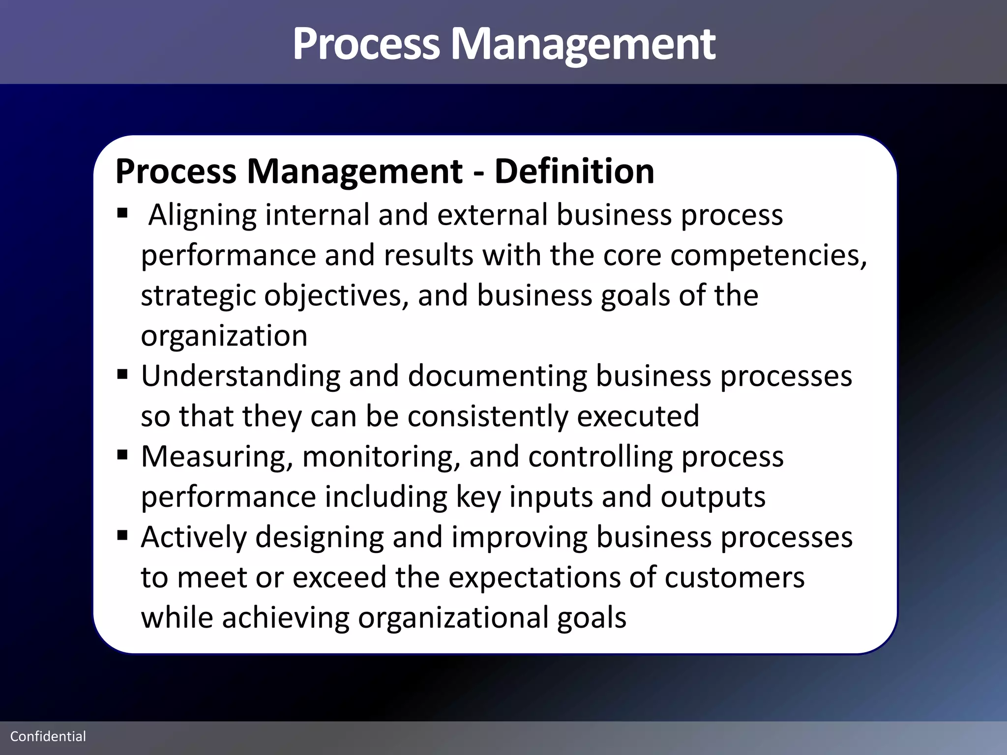 Process Management

               Process Management - Definition
                Aligning internal and external business process
                 performance and results with the core competencies,
                 strategic objectives, and business goals of the
                 organization
                Understanding and documenting business processes
                 so that they can be consistently executed
                Measuring, monitoring, and controlling process
                 performance including key inputs and outputs
                Actively designing and improving business processes
                 to meet or exceed the expectations of customers
                 while achieving organizational goals


Confidential
 