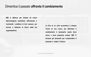 IMS – 2015 © tutti i diritti riservati
Dimentica il passato affronta il cambiamento
IMS ti affianca per aiutarti ad uscire
dall’emergenza quotidiana, affrontando e
risolvendo i problemi al loro nascere, per
tornare a dedicarti al futuro della tua
organizzazione.
La fine di un ciclo economico è sempre
l’avvio di uno nuovo, per affrontare il
cambiamento è necessario capire dove
siamo e dove possiamo andare. IMS Ti
fornisce gli strumenti per comprendere il
presente e “vedere” il futuro.
 