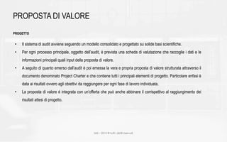 IMS – 2015 © tutti i diritti riservati
PROPOSTA DI VALORE
PROGETTO
• Il sistema di audit avviene seguendo un modello consolidato e progettato su solide basi scientifiche.
• Per ogni processo principale, oggetto dell’audit, è prevista una scheda di valutazione che raccoglie i dati e le
informazioni principali quali input della proposta di valore.
• A seguito di quanto emerso dall’audit è poi emessa la vera e propria proposta di valore strutturata attraverso il
documento denominato Project Charter e che contiene tutti i principali elementi di progetto. Particolare enfasi è
data ai risultati ovvero agli obiettivi da raggiungere per ogni fase di lavoro individuata.
• La proposta di valore è integrata con un’offerta che può anche abbinare il corrispettivo al raggiungimento dei
risultati attesi di progetto.
 