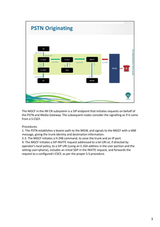The MGCF in the IM CN subsystem is a SIP endpoint that initiates requests on behalf of
the PSTN and Media Gateway. The subsequent nodes consider the signalling as if it came
from a S-CSCF.
Procedures:
1. The PSTN establishes a bearer path to the MGW, and signals to the MGCF with a IAM
message, giving the trunk identity and destination information.
2-3. The MGCF initiates a H.248 command, to seize the trunk and an IP port.
4. The MGCF initiates a SIP INVITE request addressed to a tel URI or, if directed by
operator's local policy, to a SIP URI (using an E.164 address in the user portion and the
setting user=phone), includes an initial SDP in the INVITE request, and forwards the
request to a configured I-CSCF, as per the proper S-S procedure.
3
 