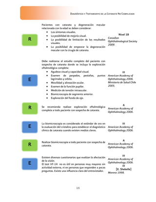 Diagnóstico y Tratamiento de la Catarata No Complicada
15
Pacientes con catarata y degeneración macular
relacionada con la edad se deben considerar:
 Los síntomas visuales.
 La posibilidad de mejoría visual.
 La posibilidad de limitación de los resultados
visuales.
 La posibilidad de empeorar la degeneración
macular con la cirugía de catarata.
Nivel 1B
Canadian
Ophthalmological Society
2009.
Debe realizarse el estudio completo del paciente con
sospecha de catarata donde se incluya la exploración
oftalmológica completa:
 Agudeza visual y capacidad visual.
 Examen de parpados, pestañas, puntos
lagrimales y orbita.
 Movilidad y alineación ocular.
 Examen de la función pupilar.
 Medición de tensión intraocular.
 Biomicroscopia de segmento anterior.
 Exploración del fondo de ojo.
III
American Academy of
Ophthalmology 2006.
Ministerio de Salud Chile
2005.
Se recomienda realizar exploración oftalmológica
completa a todo paciente con sospecha de catarata.
A
American Academy of
Ophthalmology 2006.
La biomicroscopia es considerado el estándar de oro en
la evaluación del cristalino para establecer el diagnóstico
clínico de catarata cuando existen medios claros.
III
American Academy of
Ophthalmology 2006.
Realizar biomicroscopia a todo paciente con sospecha de
catarata.
A
American Academy of
Ophthalmology 2006.
Existen diversos cuestionarios que evalúan la afectación
de la visión.
El test VF-14 no es útil en personas muy mayores sin
actividad externa, ni en personas que responden a pocas
preguntas. Existe una influencia clara del entrevistador.
III
American Academy of
Ophthalmology 2006.
III
[E. Shekelle]
Moreno 1998.
E
E
E
R
R
R
 