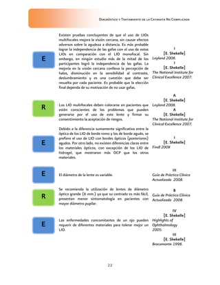 Diagnóstico y Tratamiento de la Catarata No Complicada
22
Existen pruebas concluyentes de que el uso de LIOs
multifocales mejora la visión cercana, sin causar efectos
adversos sobre la agudeza a distancia. Es más probable
lograr la independencia de las gafas con el uso de estos
LIOs en comparación con el LIO monofocal. Sin
embargo, en ningún estudio más de la mitad de los
participantes logró la independencia de las gafas. La
mejoría en la visión cercana conlleva la percepción de
halos, disminución en la sensibilidad al contraste,
deslumbramiento y es una cuestión que debe ser
resuelta por cada paciente. Es probable que la elección
final dependa de su motivación de no usar gafas.
I
[E. Shekelle]
Leyland 2008.
I
[E. Shekelle]
The National Institute for
Clinical Excellence 2007.
Los LIO multifocales deben colocarse en pacientes que
estén conscientes de los problemas que pueden
generarse por el uso de este lente y firmar su
consentimiento la aceptación de riesgos.
A
[E. Shekelle]
Leyland 2008.
A
[E. Shekelle]
The National Institute for
Clinical Excellence 2007.
Debido a la diferencia sumamente significativa entre la
óptica de los LIO de borde romo y los de borde agudo, se
prefiere el uso de LIO con bordes ópticos (posteriores)
agudos. Por otro lado, no existen diferencias claras entre
los materiales ópticos, con excepción de los LIO de
hidrogel, que mostraron más OCP que los otros
materiales.
I
[E. Shekelle]
Findl 2008
El diámetro de la lente es variable.
III
Guía de Práctica Clínica
Actualizada 2008.
Se recomienda la utilización de lentes de diámetro
óptico grande (6 mm.) ya que su centrado es más fácil,
presentan menor sintomatología en pacientes con
mayor diámetro pupilar.
B
Guía de Práctica Clínica
Actualizada 2008.
Las enfermedades concomitantes de un ojo pueden
requerir de diferentes materiales para tolerar mejor un
LIO.
IV
[E. Shekelle]
Highlights of
Ophthalmology
2005.
III
[E. Shekelle]
Bracamonte 1998.
E
E
E
E
R
R
 