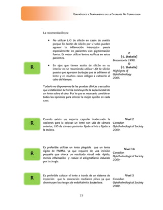 Diagnóstico y Tratamiento de la Catarata No Complicada
23
La recomendación es:
 No utilizar LIO de silicón en casos de uveítis
porque los lentes de silicón por sí solos pueden
agravar la inflamación intraocular previa
especialmente en pacientes con pigmentación
fuerte. Es mejor utilizar lentes acrílicos en estos
pacientes.
 En ojos que tienen aceite de silicón en su
interior no se recomienda utilizar LIO de silicón
puesto que aparecen burbujas que se adhieren al
lente y en muchos casos obligan a extraerlo al
cabo del tiempo.
Todavía no disponemos de las pruebas clínicas o estudios
que establezcan de forma concluyente la superioridad de
un lente sobre el otro. Por lo que es necesario considerar
todas las opciones para ofrecer la mejor opción en cada
caso.
C
[E. Shekelle]
Bracamonte 1998.
D
[E. Shekelle]
Highlights of
Ophthalmology
2005.
Cuando exista un soporte capsular inadecuado la
opciones para la colocar un lente son LIO de cámara
anterior, LIO de cámara posterior fijado al iris o fijado a
la esclera.
Nivel 2
Canadian
Ophthalmological Society
2009.
Es preferible utilizar un lente plegable que un lente
rígido de PMMA, ya que requiere de una incisión
pequeña que ofrece un resultado visual más rápido,
menos inflamación y reduce el astigmatismo inducido
por la cirugía.
Nivel 1A
Canadian
Ophthalmological Society
2009.
Es preferible colocar el lente a través de un sistema de
inyección que la colocación mediante pinza ya que
disminuyen los riesgos de endoftalmitis bacteriana.
Nivel 3
Canadian
Ophthalmological Society
2009.
R
R
R
R
 