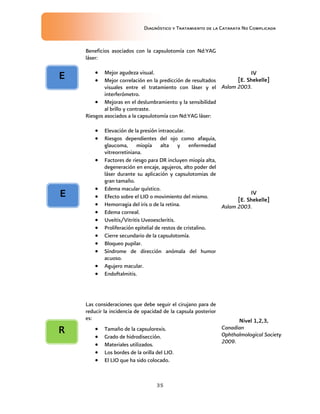 Diagnóstico y Tratamiento de la Catarata No Complicada
35
Beneficios asociados con la capsulotomía con Nd:YAG
láser:
 Mejor agudeza visual.
 Mejor correlación en la predicción de resultados
visuales entre el tratamiento con láser y el
interferómetro.
 Mejoras en el deslumbramiento y la sensibilidad
al brillo y contraste.
IV
[E. Shekelle]
Aslam 2003.
Riesgos asociados a la capsulotomía con Nd:YAG láser:
 Elevación de la presión intraocular.
 Riesgos dependientes del ojo como afaquia,
glaucoma, miopía alta y enfermedad
vitreorretiniana.
 Factores de riesgo para DR incluyen miopía alta,
degeneración en encaje, agujeros, alto poder del
láser durante su aplicación y capsulotomias de
gran tamaño.
 Edema macular quístico.
 Efecto sobre el LIO o movimiento del mismo.
 Hemorragia del iris o de la retina.
 Edema corneal.
 Uveítis/Vitritis Uveoescleritis.
 Proliferación epitelial de restos de cristalino.
 Cierre secundario de la capsulotomía.
 Bloqueo pupilar.
 Síndrome de dirección anómala del humor
acuoso.
 Agujero macular.
 Endoftalmitis.
IV
[E. Shekelle]
Aslam 2003.
Las consideraciones que debe seguir el cirujano para de
reducir la incidencia de opacidad de la capsula posterior
es:
 Tamaño de la capsulorexis.
 Grado de hidrodisección.
 Materiales utilizados.
 Los bordes de la orilla del LIO.
 El LIO que ha sido colocado.
Nivel 1,2,3,
Canadian
Ophthalmological Society
2009.
E
E
R
 
