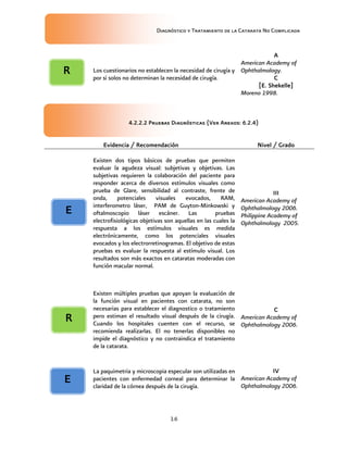 Diagnóstico y Tratamiento de la Catarata No Complicada
16
Los cuestionarios no establecen la necesidad de cirugía y
por si solos no determinan la necesidad de cirugía.
A
American Academy of
Ophthalmology.
C
[E. Shekelle]
Moreno 1998.
4.2.2.2 Pruebas Diagnósticas (Ver Anexos: 6.2.4)
Evidencia / Recomendación Nivel / Grado
Existen dos tipos básicos de pruebas que permiten
evaluar la agudeza visual: subjetivas y objetivas. Las
subjetivas requieren la colaboración del paciente para
responder acerca de diversos estímulos visuales como
prueba de Glare, sensibilidad al contraste, frente de
onda, potenciales visuales evocados, RAM,
interferometro láser, PAM de Guyton-Minkowski y
oftalmoscopio láser escáner. Las pruebas
electrofisiológicas objetivas son aquellas en las cuales la
respuesta a los estímulos visuales es medida
electrónicamente, como los potenciales visuales
evocados y los electrorretinogramas. El objetivo de estas
pruebas es evaluar la respuesta al estímulo visual. Los
resultados son más exactos en cataratas moderadas con
función macular normal.
III
American Academy of
Ophthalmology 2006.
Philippine Academy of
Ophthalmology 2005.
Existen múltiples pruebas que apoyan la evaluación de
la función visual en pacientes con catarata, no son
necesarias para establecer el diagnostico o tratamiento
pero estiman el resultado visual después de la cirugía.
Cuando los hospitales cuenten con el recurso, se
recomienda realizarlas. El no tenerlas disponibles no
impide el diagnóstico y no contraindica el tratamiento
de la catarata.
C
American Academy of
Ophthalmology 2006.
La paquimetria y microscopia especular son utilizadas en
pacientes con enfermedad corneal para determinar la
claridad de la córnea después de la cirugía.
IV
American Academy of
Ophthalmology 2006.
E
E
R
R
 