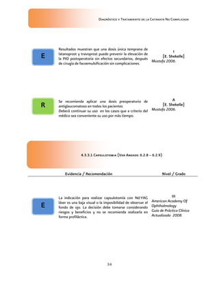 Diagnóstico y Tratamiento de la Catarata No Complicada
34
Resultados muestran que una dosis única temprana de
latanoprost y travoprost puede prevenir la elevación de
la PIO postoperatoria sin efectos secundarios, después
de cirugía de facoemulsificación sin complicaciones.
I
[E. Shekelle]
Mustafa 2006.
Se recomienda aplicar una dosis preoperatorio de
antiglaucomatoso en todos los pacientes
Deberá continuar su uso en los casos que a criterio del
médico sea conveniente su uso por más tiempo.
A
[E. Shekelle]
Mustafa 2006.
4.3.3.1 Capsulotomia (Ver Anexos: 6.2.8 – 6.2.9)
Evidencia / Recomendación Nivel / Grado
La indicación para realizar capsulotomía con Nd:YAG
láser es una baja visual o la imposibilidad de observar el
fondo de ojo. La decisión debe tomarse considerando
riesgos y beneficios y no se recomienda realizarla en
forma profiláctica.
III
American Academy Of
Ophthalmology
Guía de Práctica Clínica
Actualizada 2008.
E
E
R
 