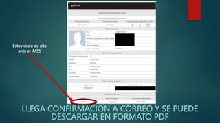 LLEGA CONFIRMACIÓN A CORREO Y SE PUEDE
DESCARGAR EN FORMATO PDF
Estoy dado de alta
ante el IMSS
 