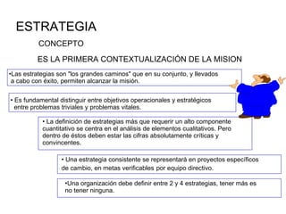 ESTRATEGIA CONCEPTO ES LA PRIMERA CONTEXTUALIZACIÓN DE LA MISION Es fundamental distinguir entre objetivos operacionales y estratégicos entre problemas triviales y problemas vitales. La definición de estrategias más que requerir un alto componente  cuantitativo se centra en el análisis de elementos cualitativos. Pero dentro de éstos deben estar las cifras absolutamente críticas y  convincentes. Una estrategia consistente se representará en proyectos específicos de cambio, en metas verificables   por equipo directivo. Una organización debe definir entre 2 y 4 estrategias, tener más es no tener ninguna. Las estrategias son "los grandes caminos" que en su conjunto, y llevados a cabo con éxito, permiten alcanzar la misión. 