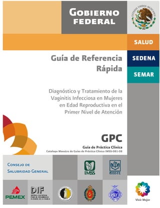 Guía de Referencia
              Rápida

 Diagnóstico y Tratamiento de la
  Vaginitis Infecciosa en Mujeres
     en Edad Reproductiva en el
       Primer Nivel de Atención



                                         GPC
                           Guía de Práctica Clínica
Catalogo Maestro de Guías de Práctica Clínica IMSS-081-08
 